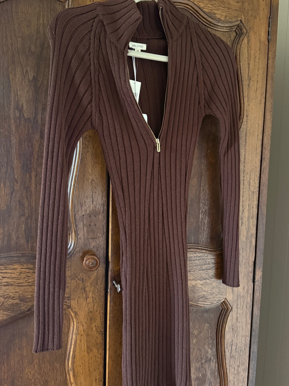 Anthropologie xPILCRO Ribbed Quarter-Zip Sweater Dress Brown